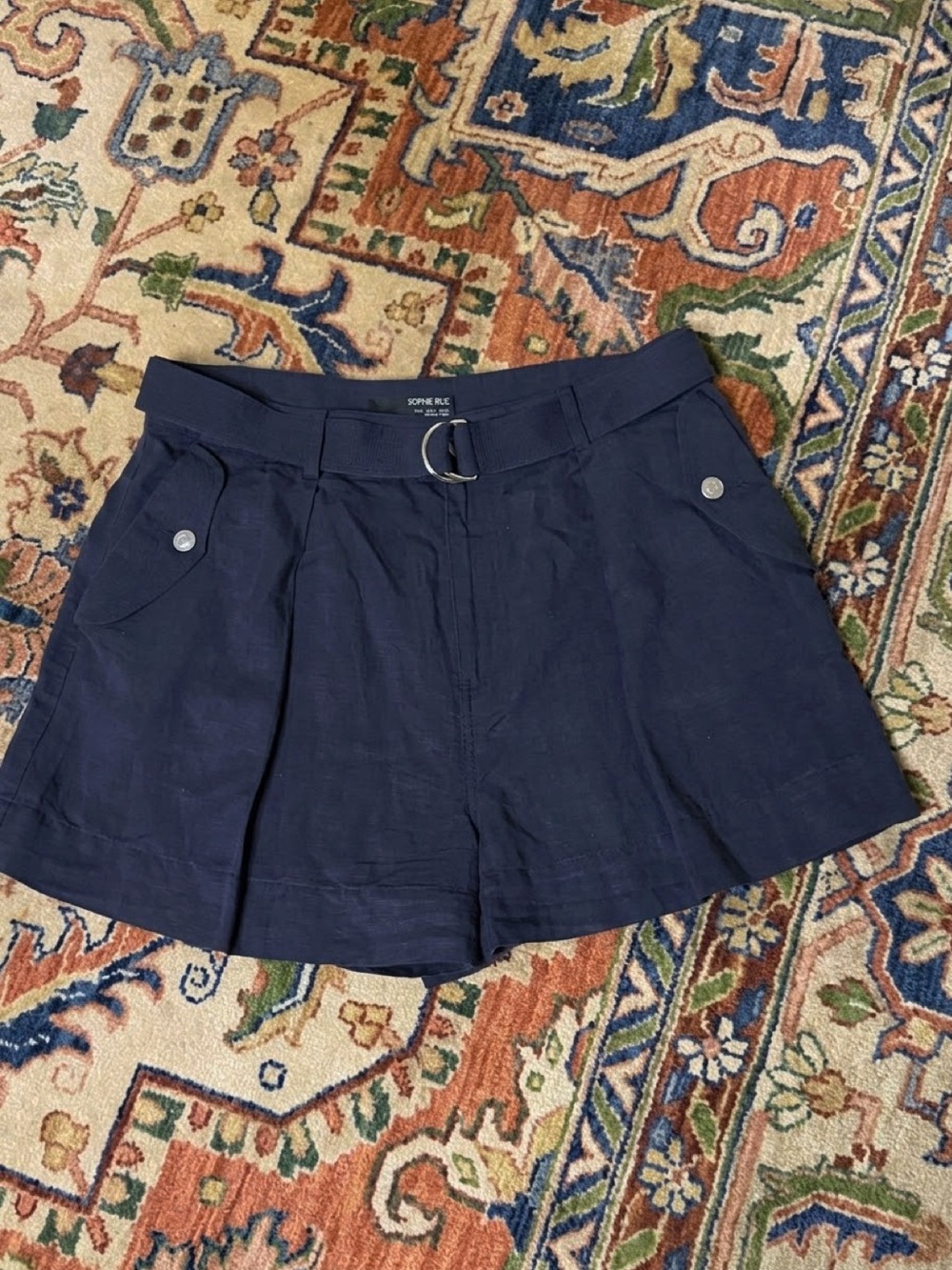 Sophie Rue Robyn Belted Linen Shorts-Navy Size Large High Waist